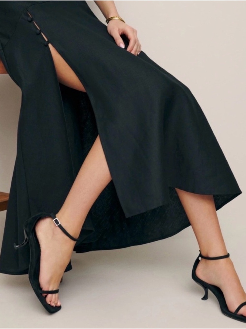 Bekki Linen Dress | Reformation Black High-Low Slip Dress with Side Slit - Picture 3 of 10